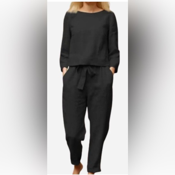 NWT LINEN COTTON two piece Black Monochromatic set Sz Medium (Travel, Neutral) - Picture 1 of 8